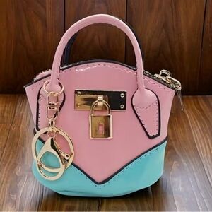 Pink & Blue bag charm w/Golden-Tone Lock Closure Keychain Charm & Zipper Pocket